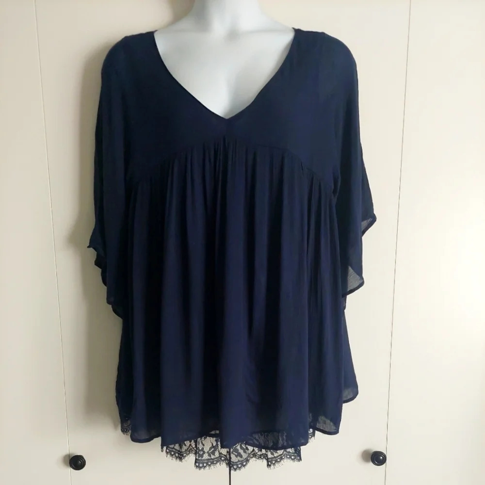 Umgee Lace Trim Fairycore Tunic Top Navy Blue Womens Medium Lagenlook relaxed